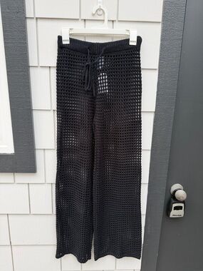 Black Crochet Wide-Leg Crochet Pants with Drawstring Waist Swimsuit Coverup